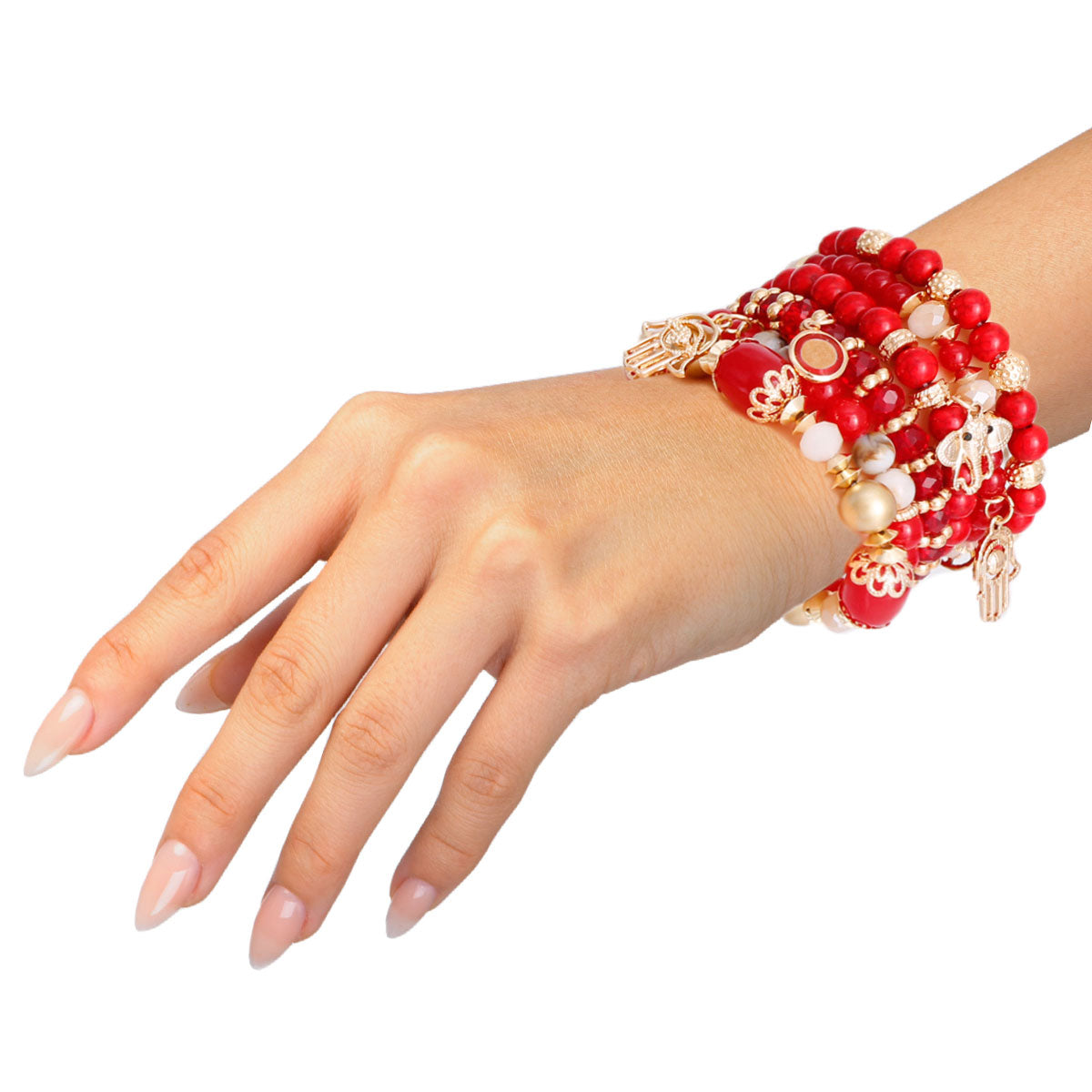 Red Hamsa Elephant Bracelet Set