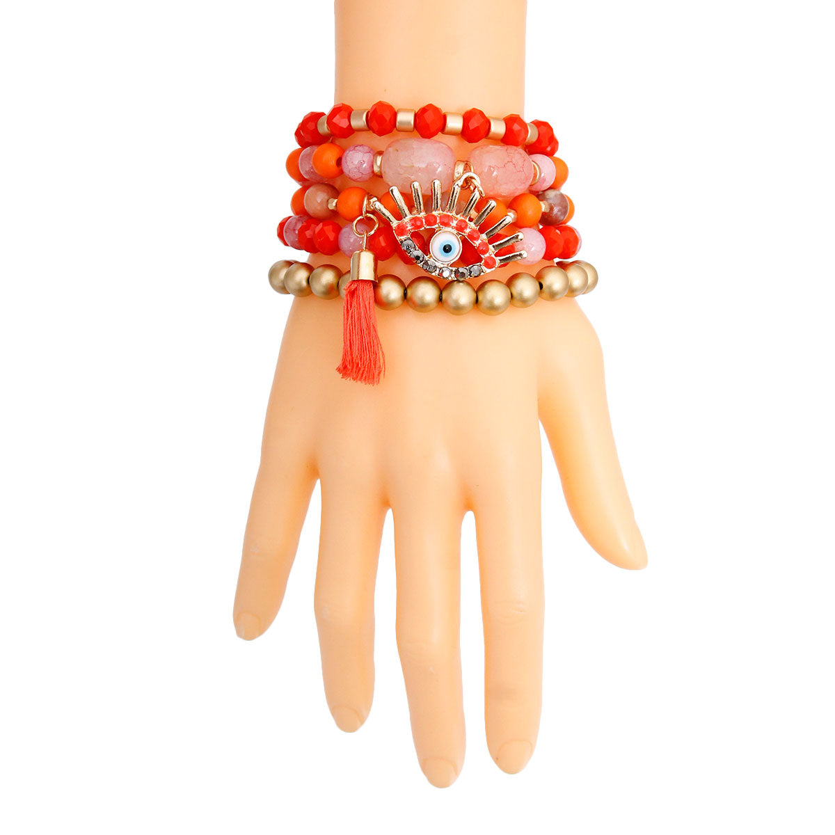 Coral and Matte Gold Evil Eye Bracelets