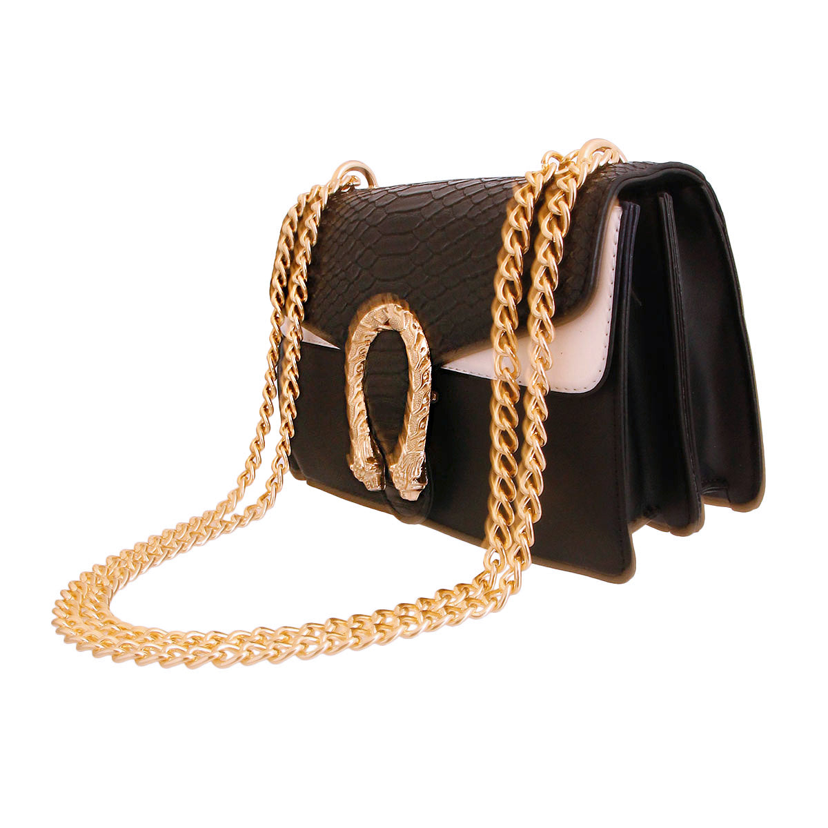 Black Shiny Croc Flap Shoulder Bag