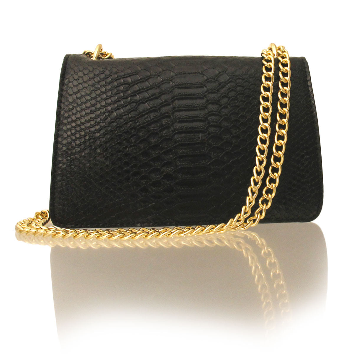 Black Shiny Croc Flap Shoulder Bag