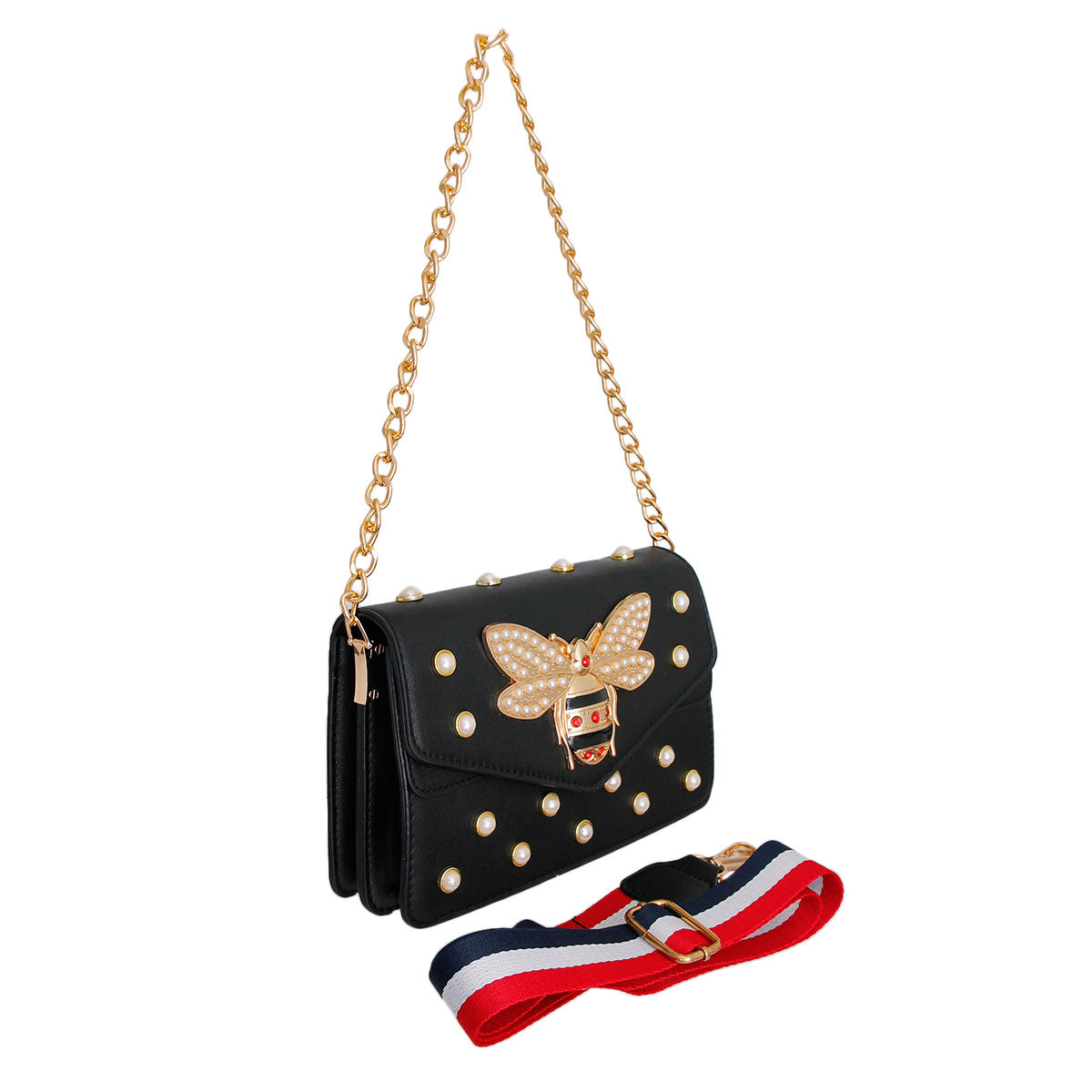 Black Designer Pearl Bee Flap Shoulder Bag