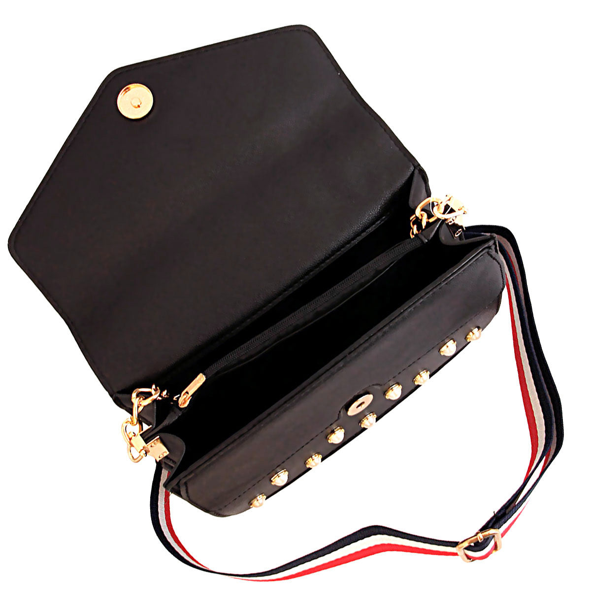 Black Designer Pearl Bee Flap Shoulder Bag