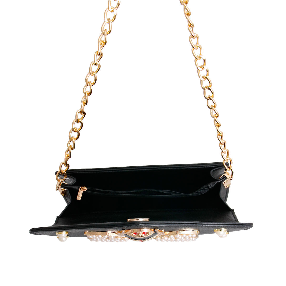 Black Designer Pearl Bee Flap Shoulder Bag