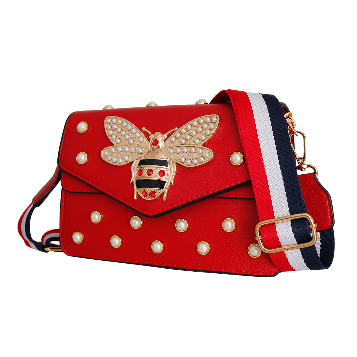 Red Designer Pearl Bee Flap Shoulder Bag