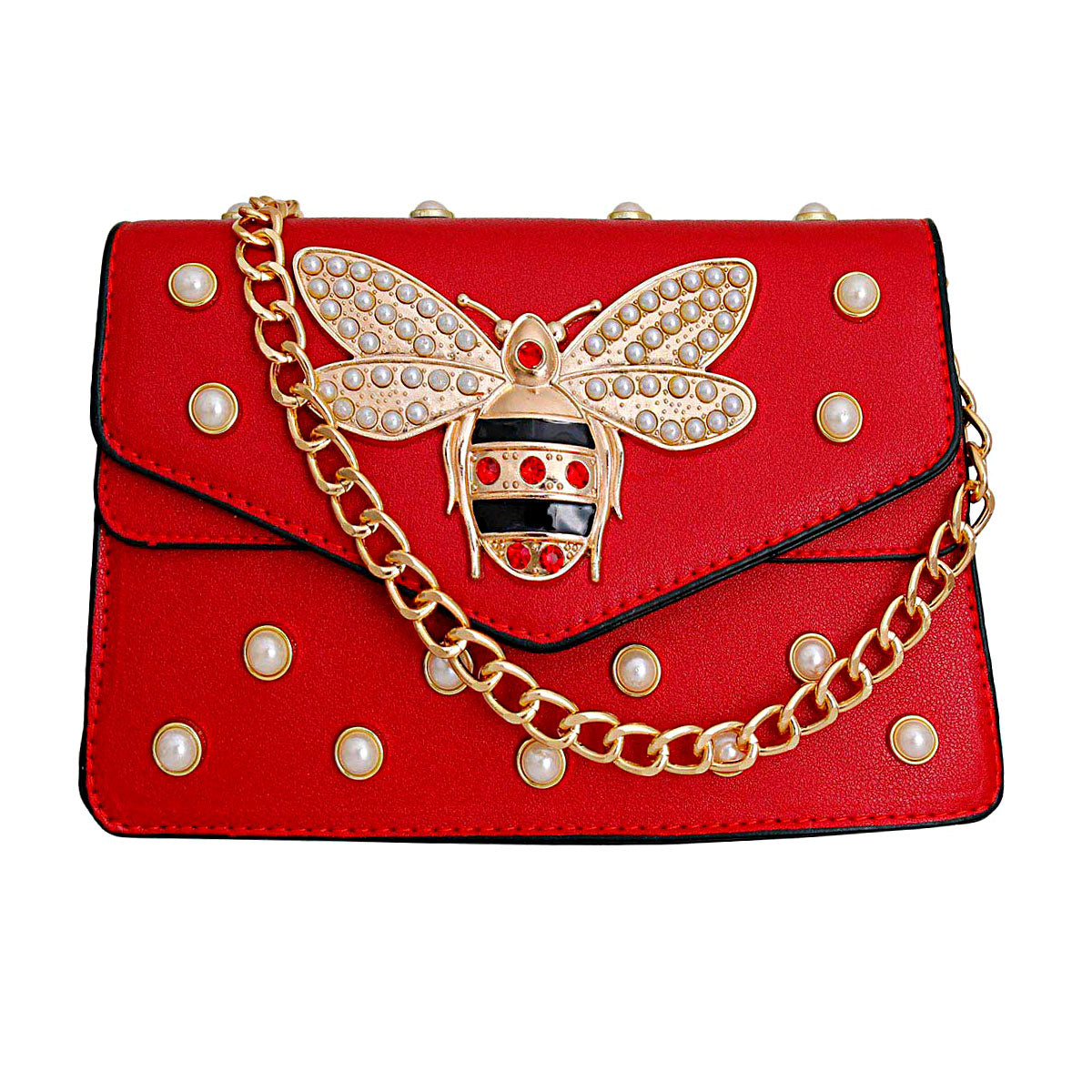 Red Designer Pearl Bee Flap Shoulder Bag