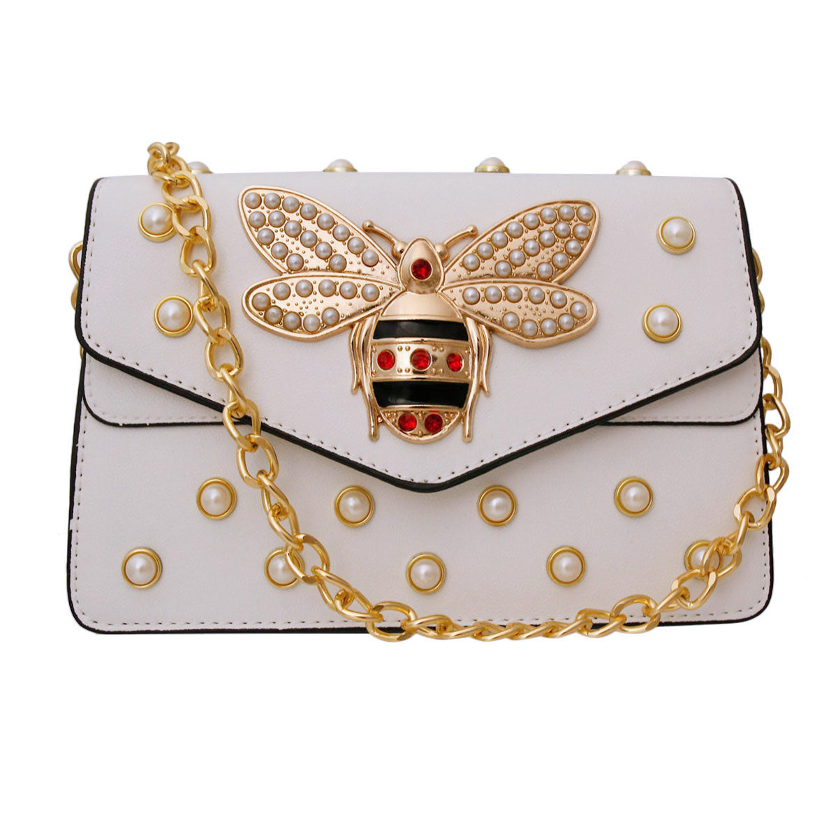 White Designer Pearl Bee Flap Shoulder Bag