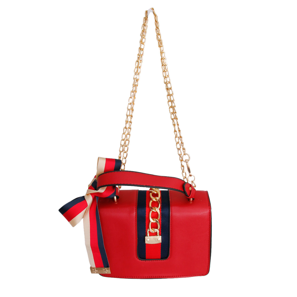 Red Designer Stripe Ribbon Satchel
