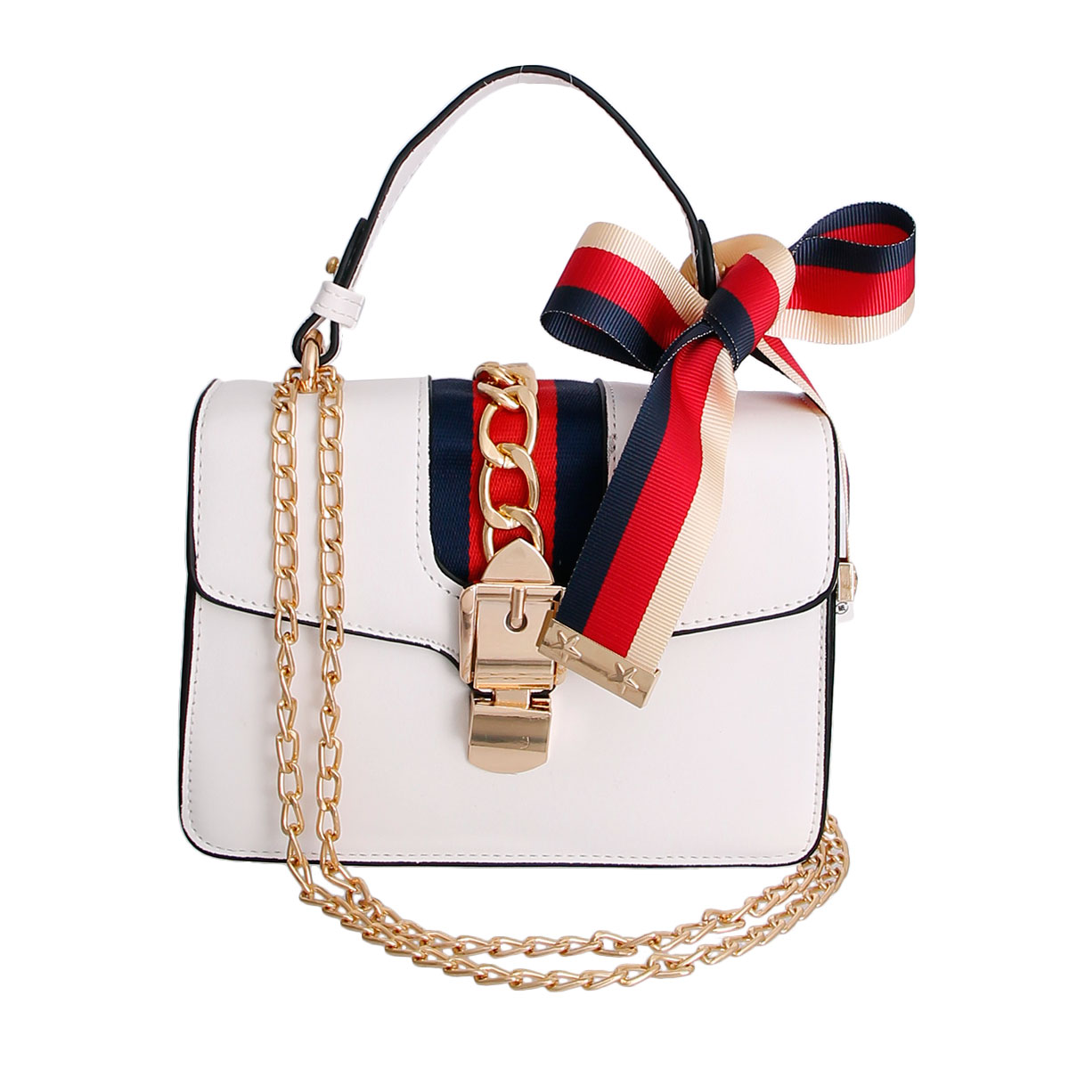 White Designer Stripe Ribbon Satchel