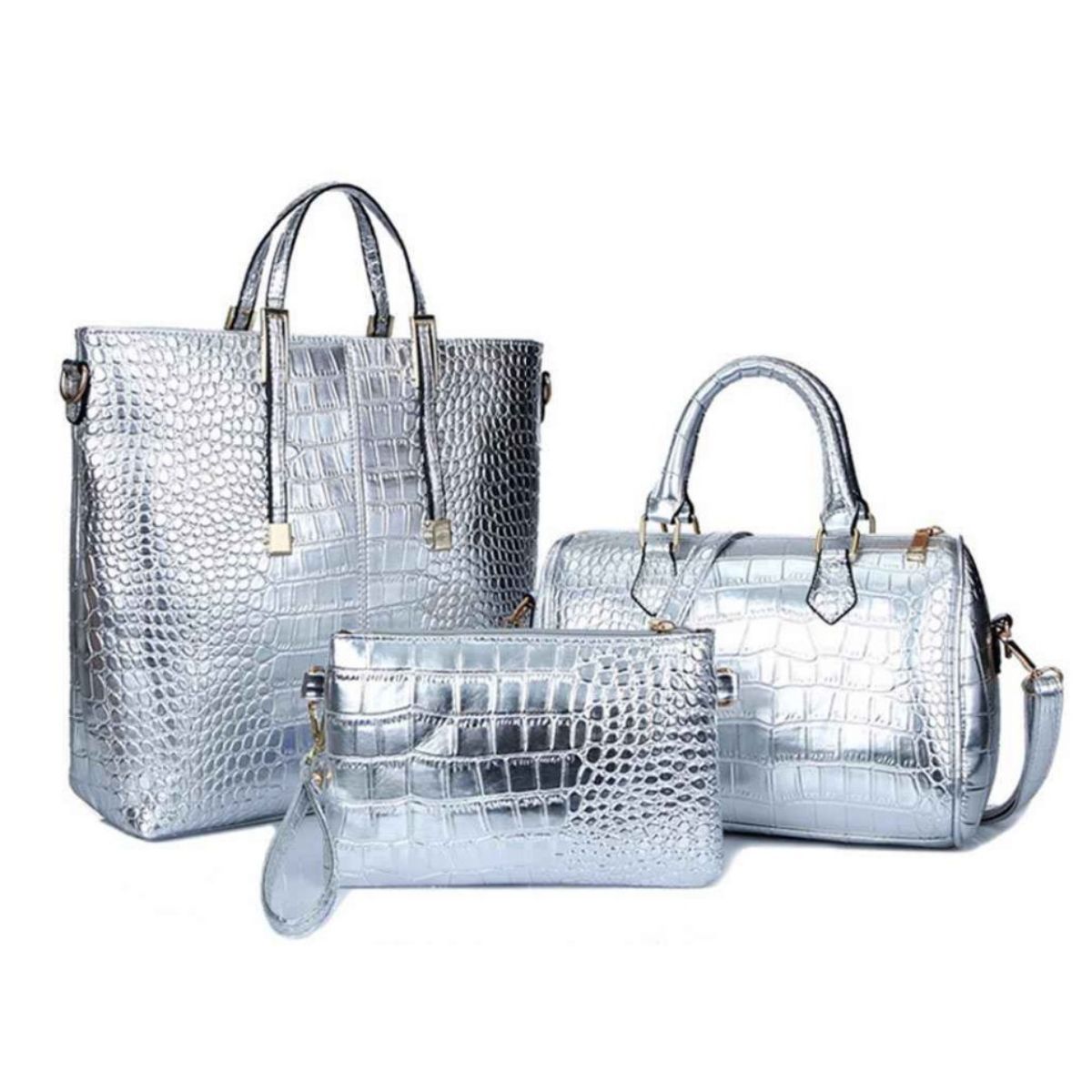 Shiny Silver Croc 3 Pcs Bag Set