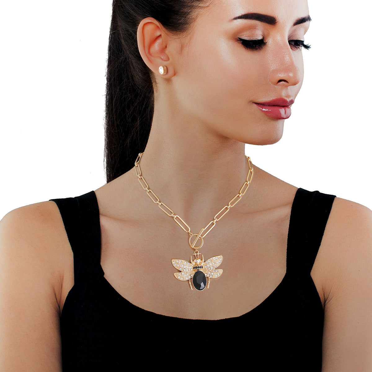 Black Crystal Bee Gold Toggle Chain