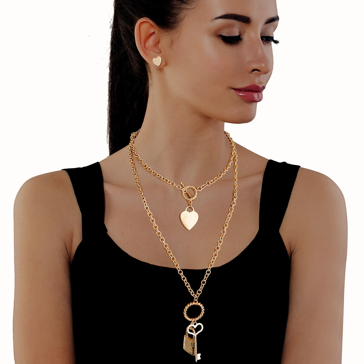 Gold Lock and Key Layered Chain