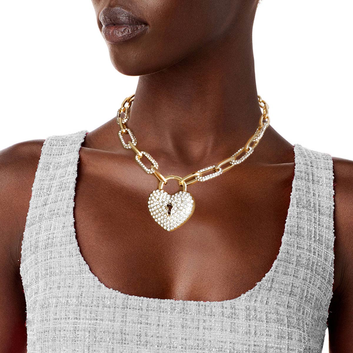 Gold Oval Link Locked Heart Necklace