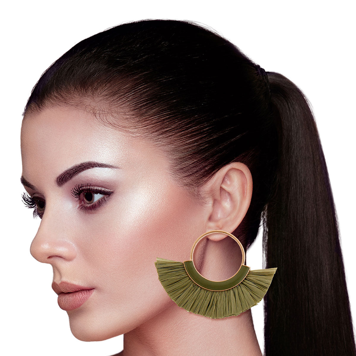 Green Raffia Fan Tassel Circle Earrings