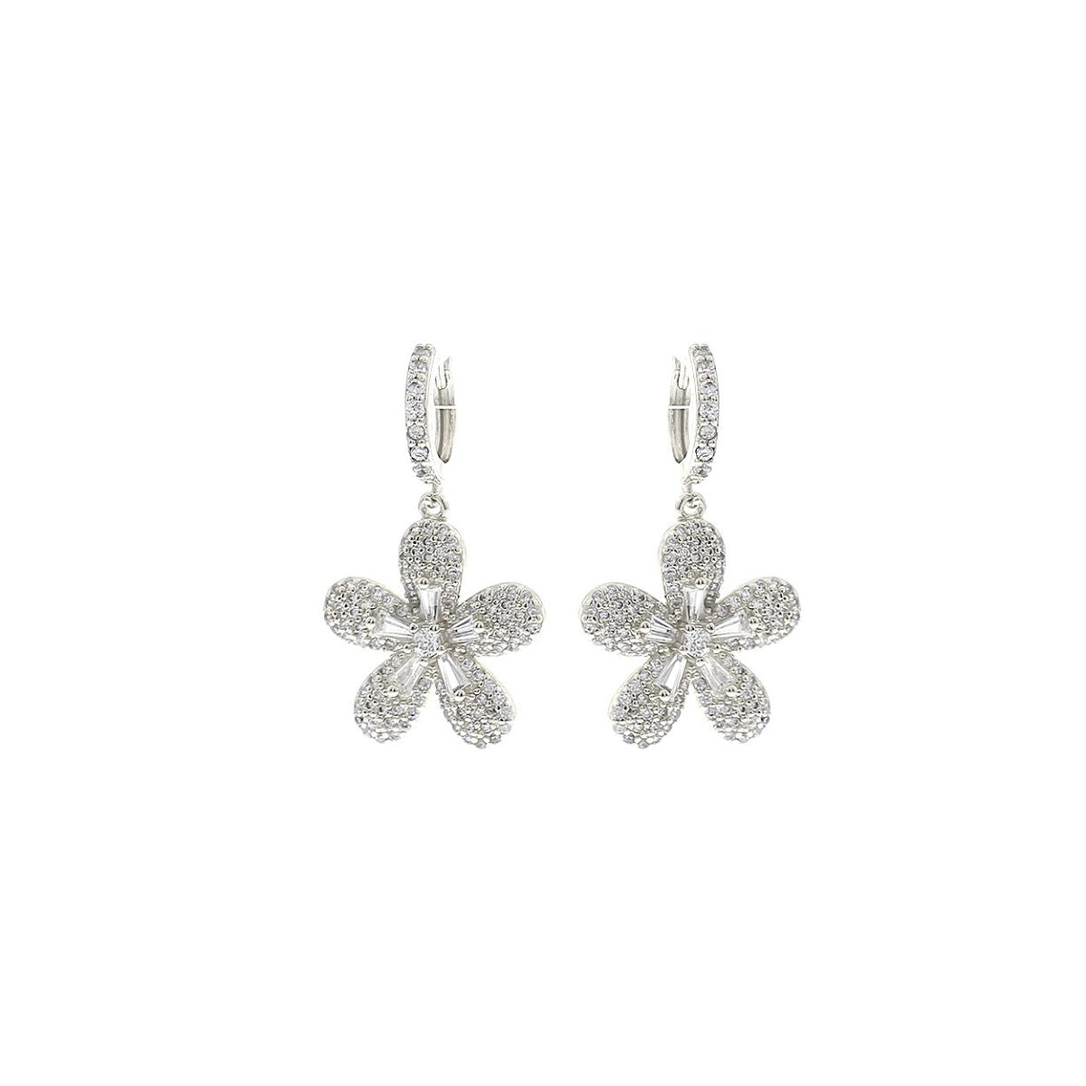 Rhodium Plated CZ Flower Huggie Hoops