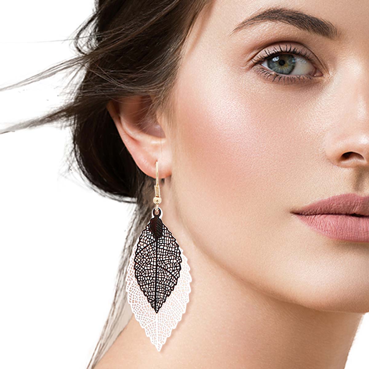 Black White Filigree Double Leaf Earrings