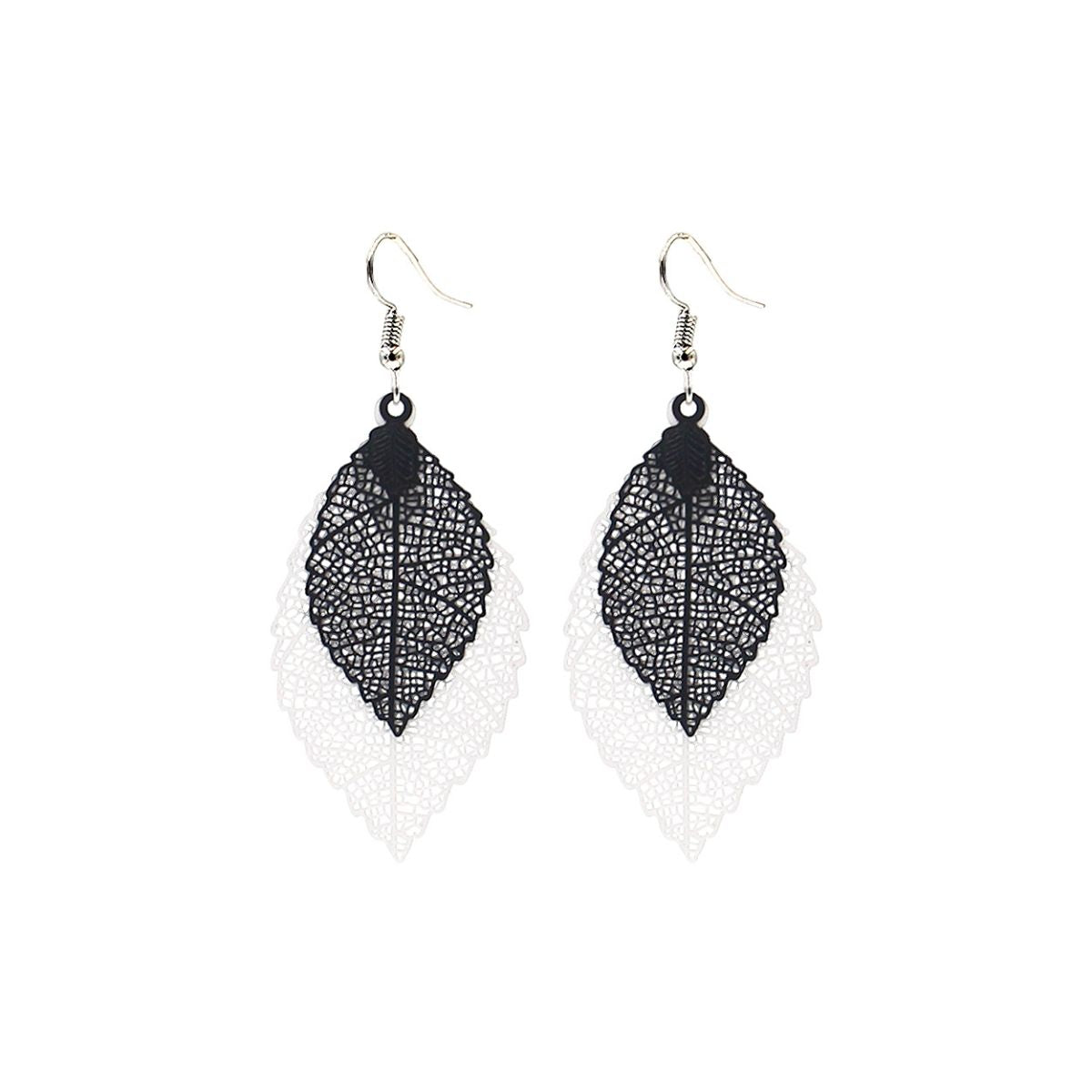 Black White Filigree Double Leaf Earrings