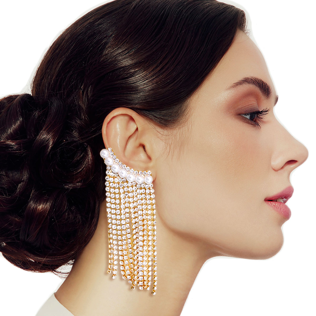 Gold Pearl Fringe Ear Climber Earrings