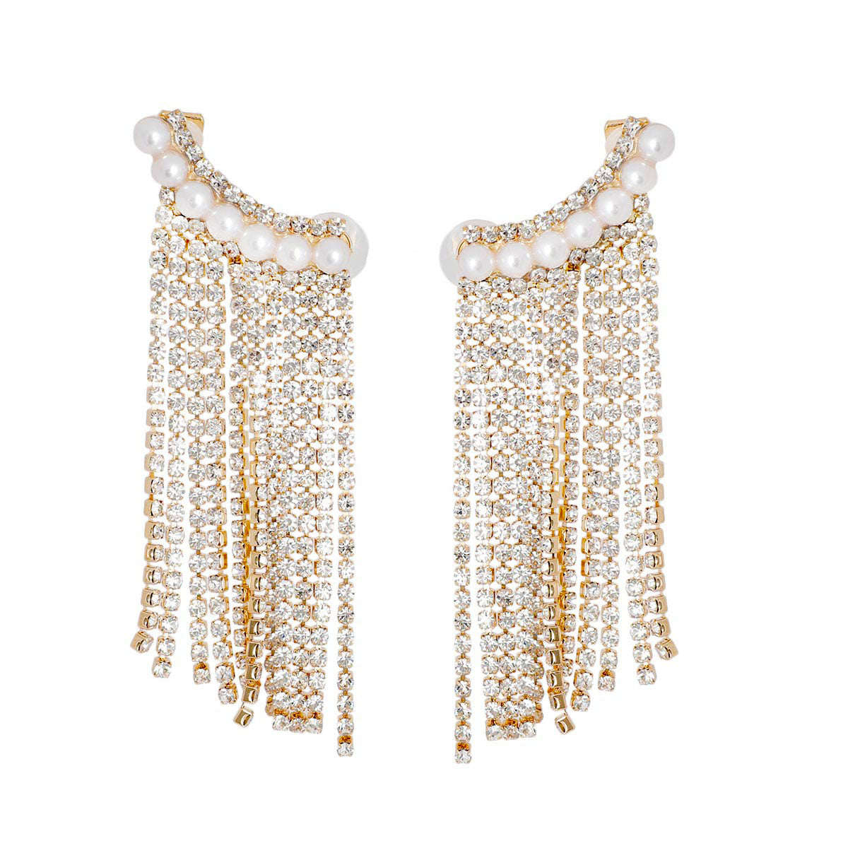 Gold Pearl Fringe Ear Climber Earrings