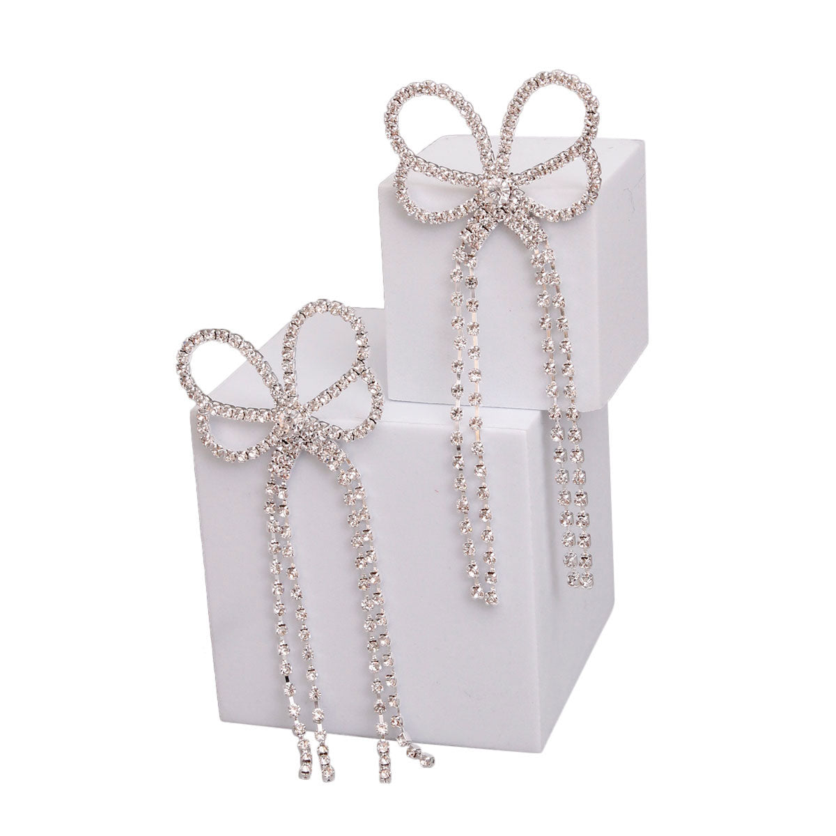 Silver Butterfly Ribbon Rhinestone Earrings