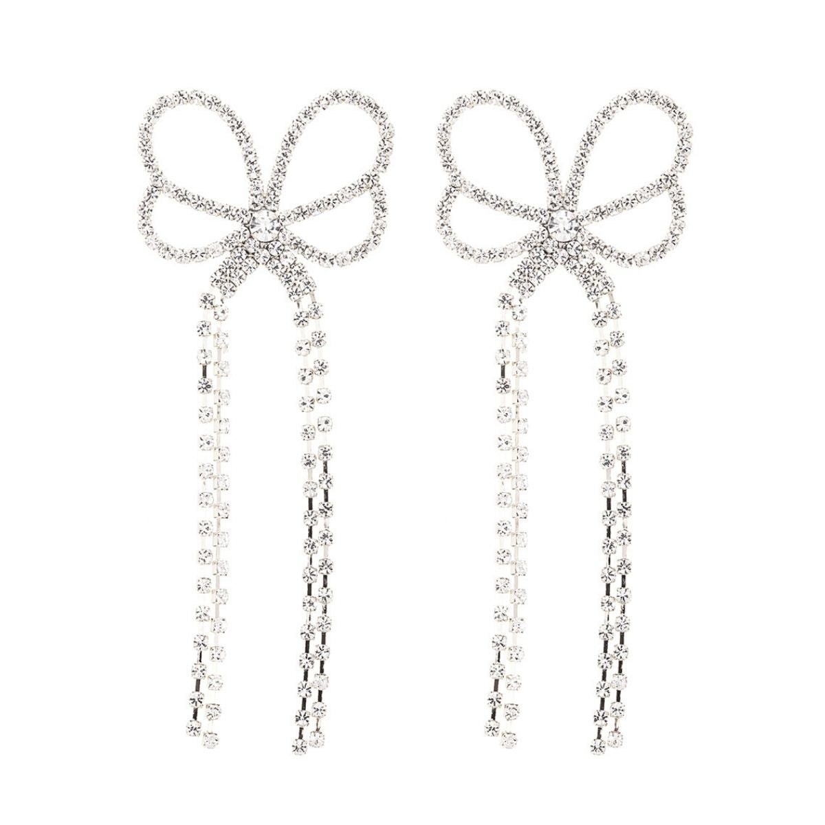 Silver Butterfly Ribbon Rhinestone Earrings