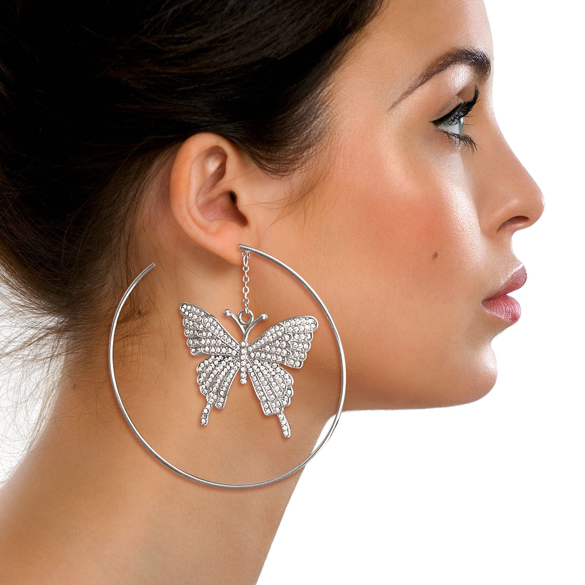 Silver Dangle Butterfly Hoops