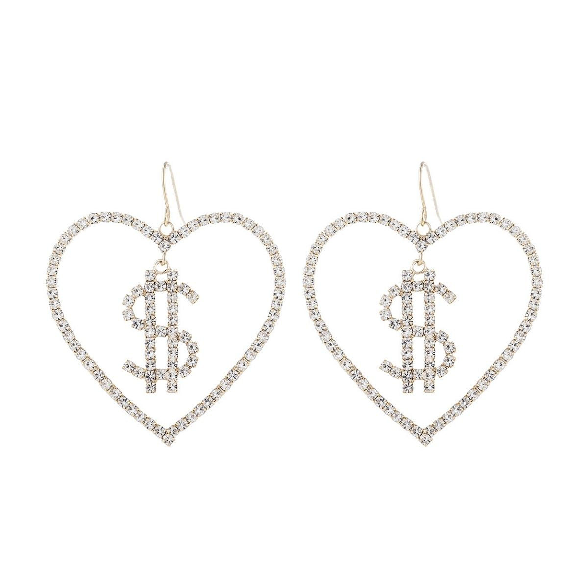 Silver Dollar Sign Heart Earrings