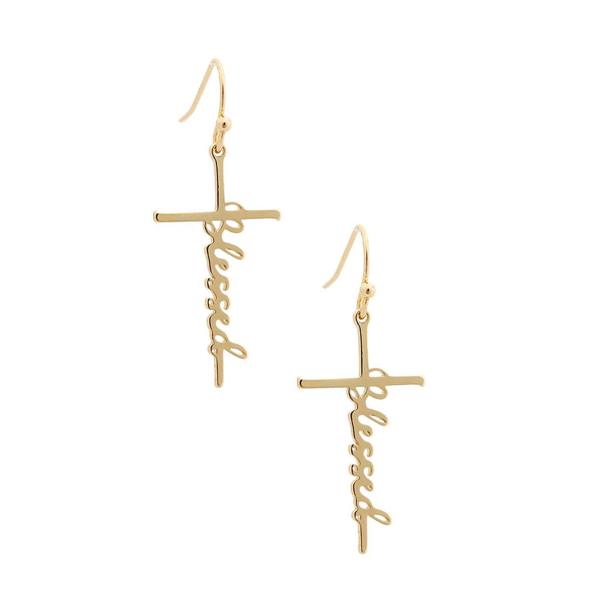 Gold Blessed Cross Fish Hook Earrings