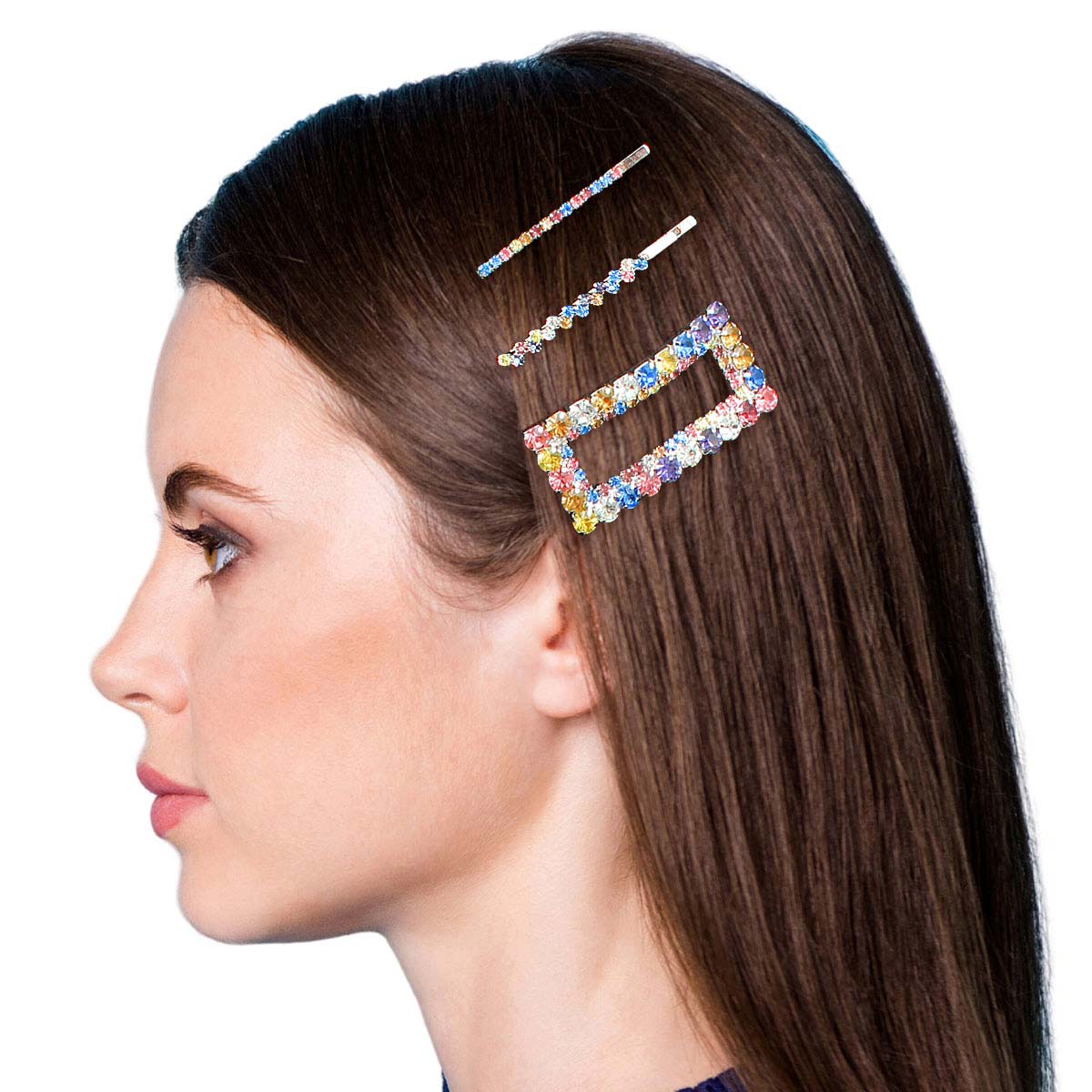 3 Pcs Multi Rhinestone Silver Rectangle Hair Pin Set