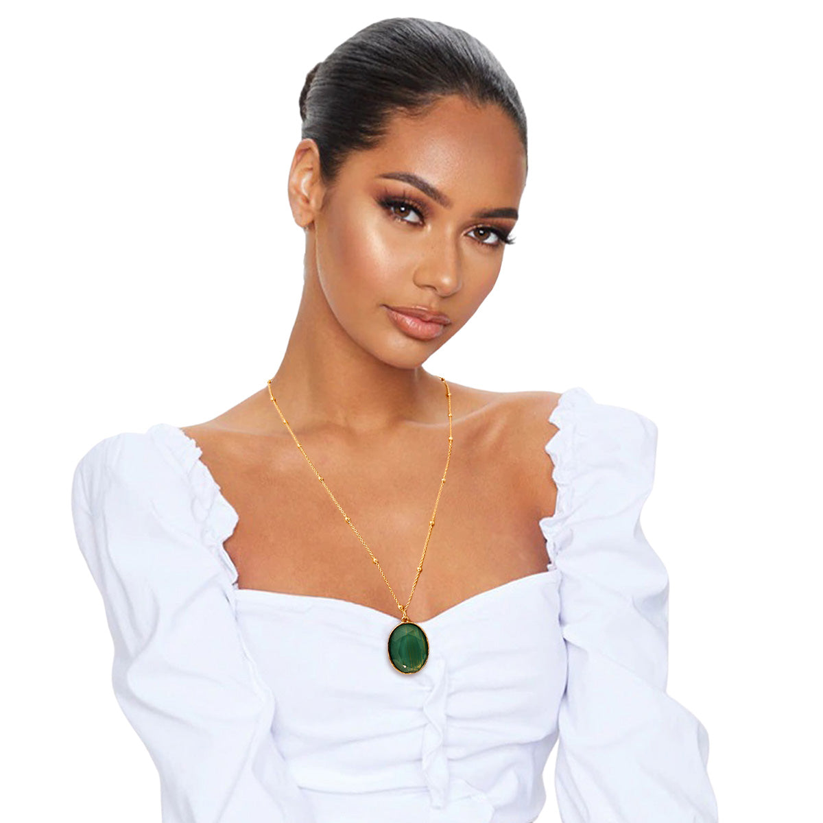 Green Oval Pendant Gold Necklace