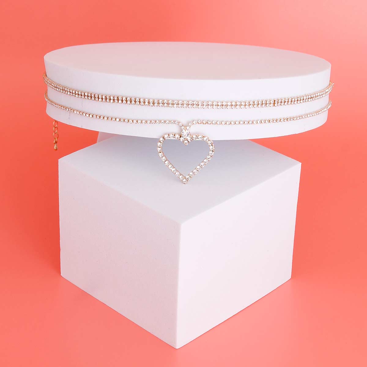 Gold 2 Pcs Rhinetone Heart Choker Set