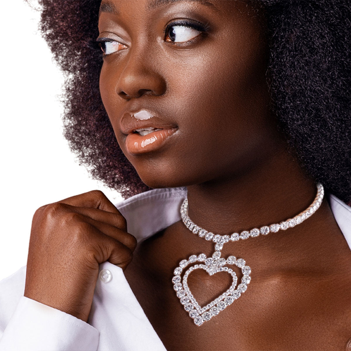 SIlver Double Heart Choker