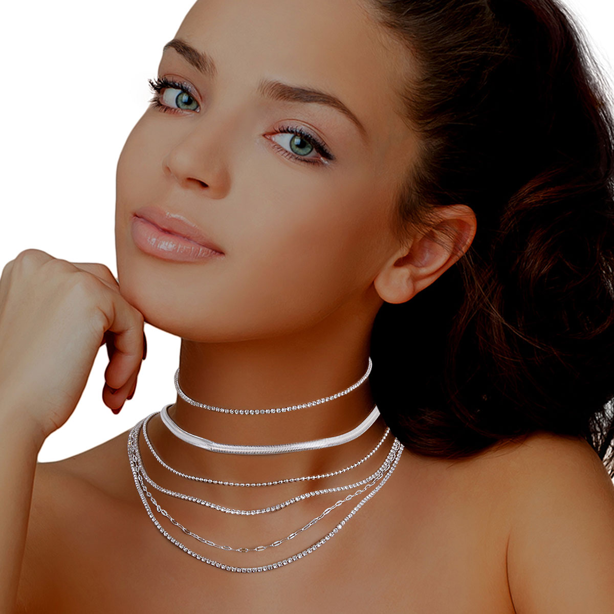 Silver Multi Rhinestone Chain Necklace