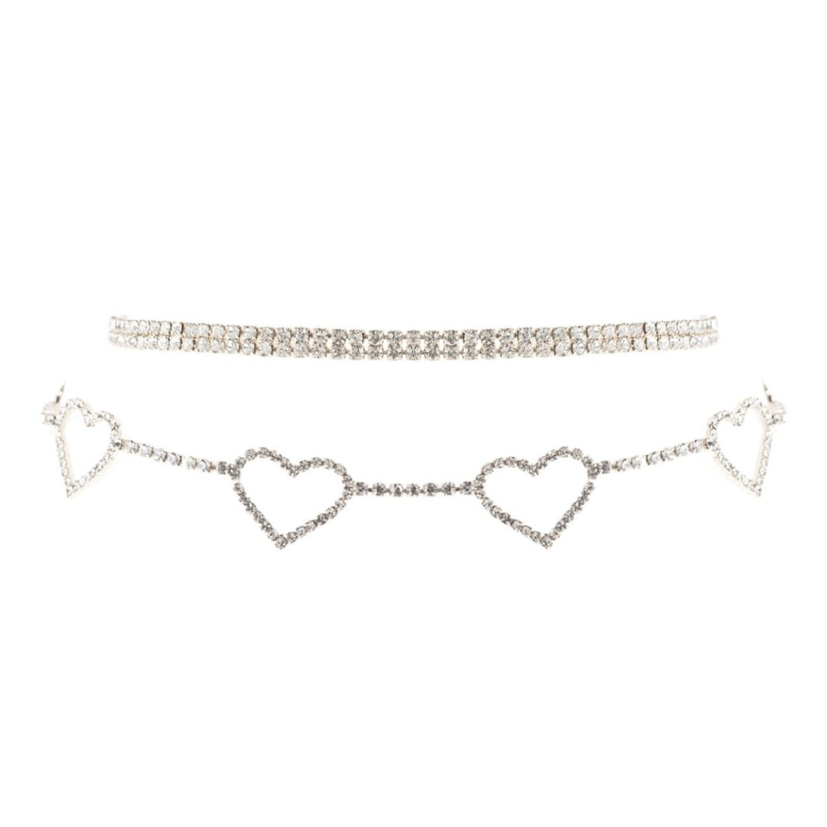 Silver 2 Pcs 5 Heart Choker Set