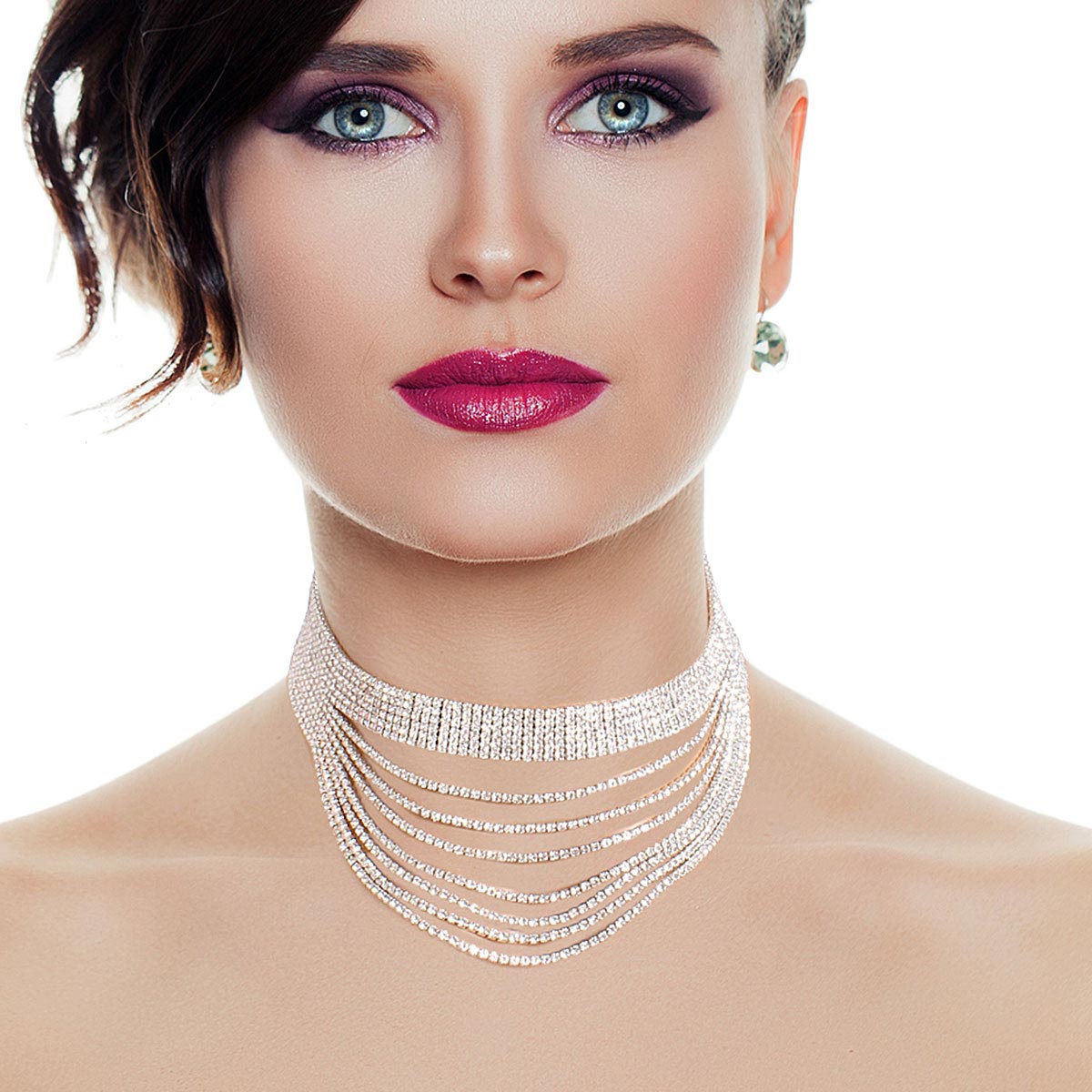 Silver 13 Line Draped Rhinestone Choker