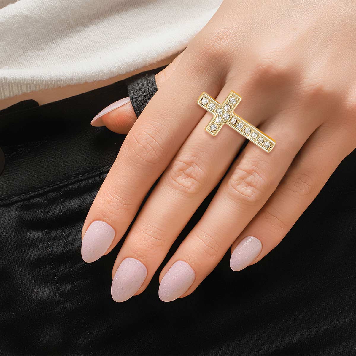 Gold Rhinestone Side Cross Ring