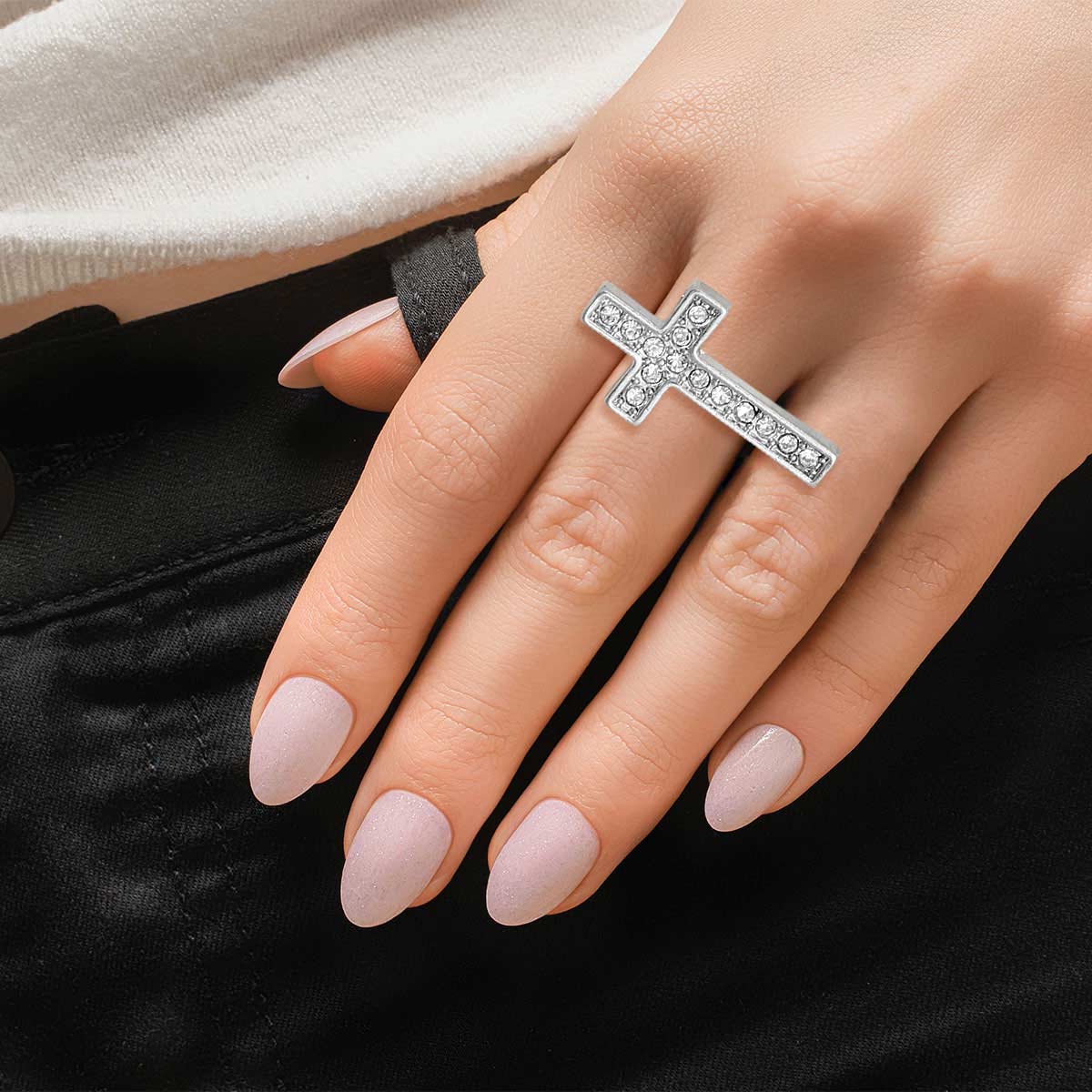 Silver Rhinestone Side Cross Ring