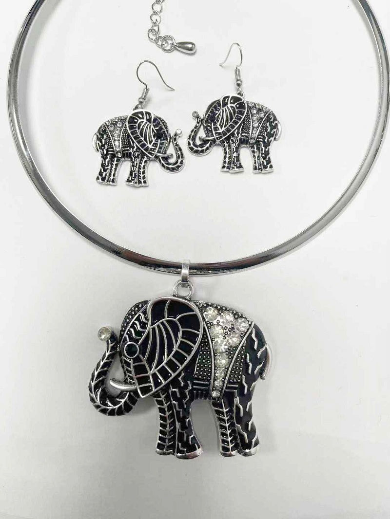 SILVER CHOKER NECKLACE SET ELEPHANT BLACK