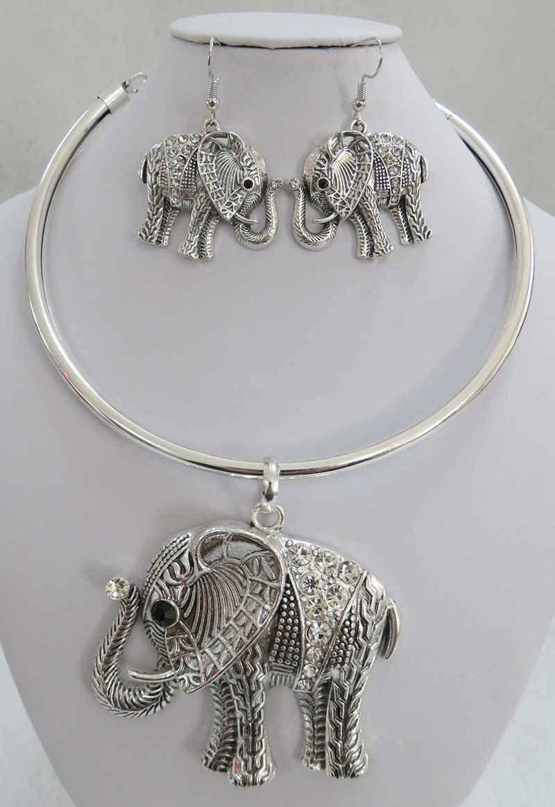 SILVER ELEPHANT CHOKER NECKLACE SET CLEAR STONES