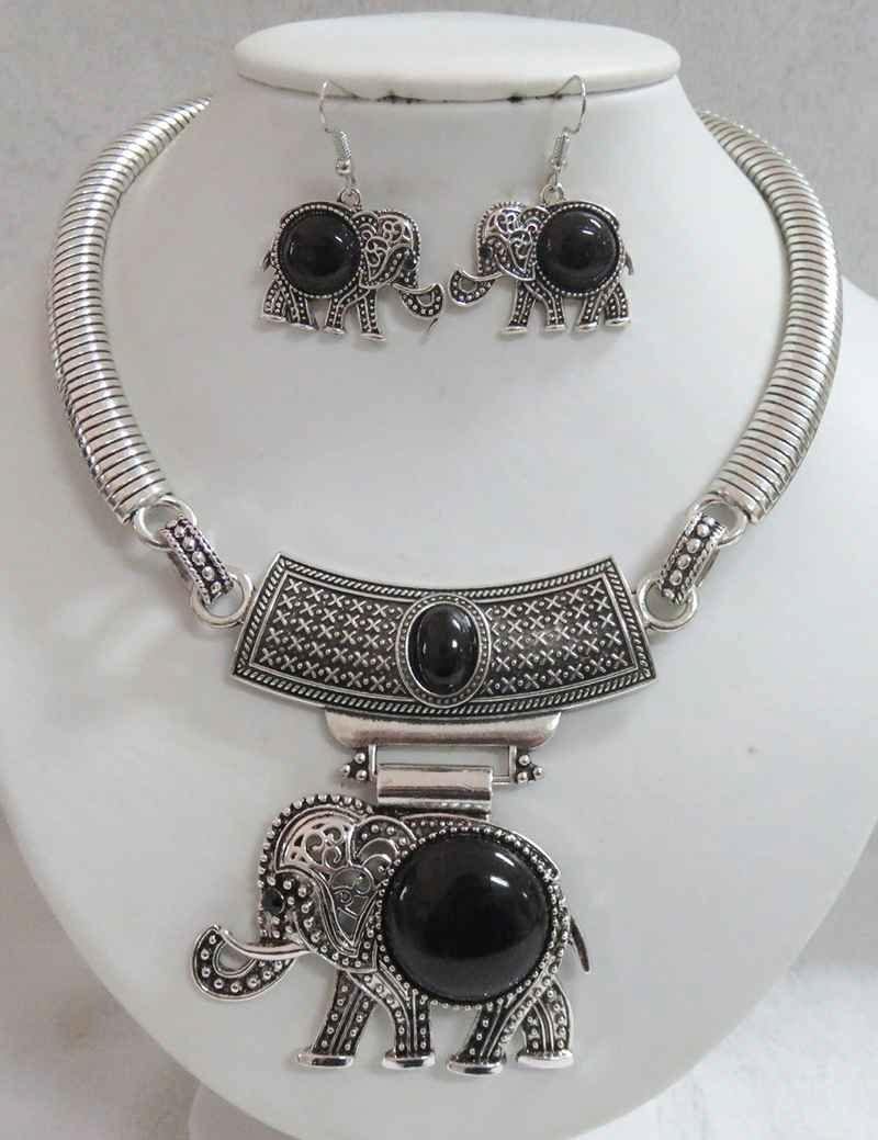 SILVER NECKLACE WITH ELEPHANTS AND BLACK STONES MATCHING EARRINGS