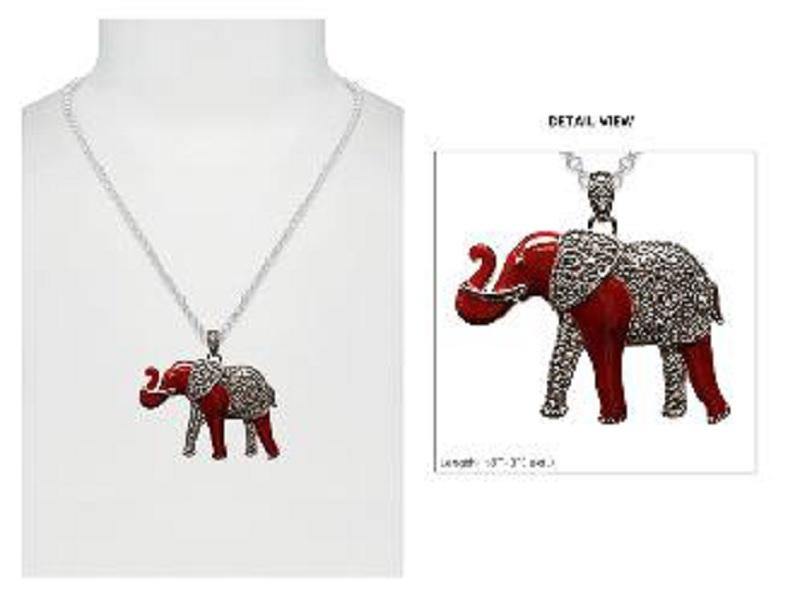 SILVER NECKLACE MARCASITE RED ELEPHANT PENDANT