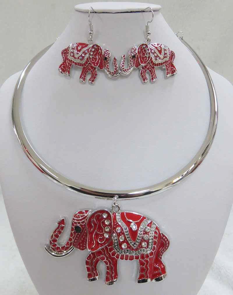 SILVER RED CHOKER NECKLACE SET ELEPHANT CLEAR STONES