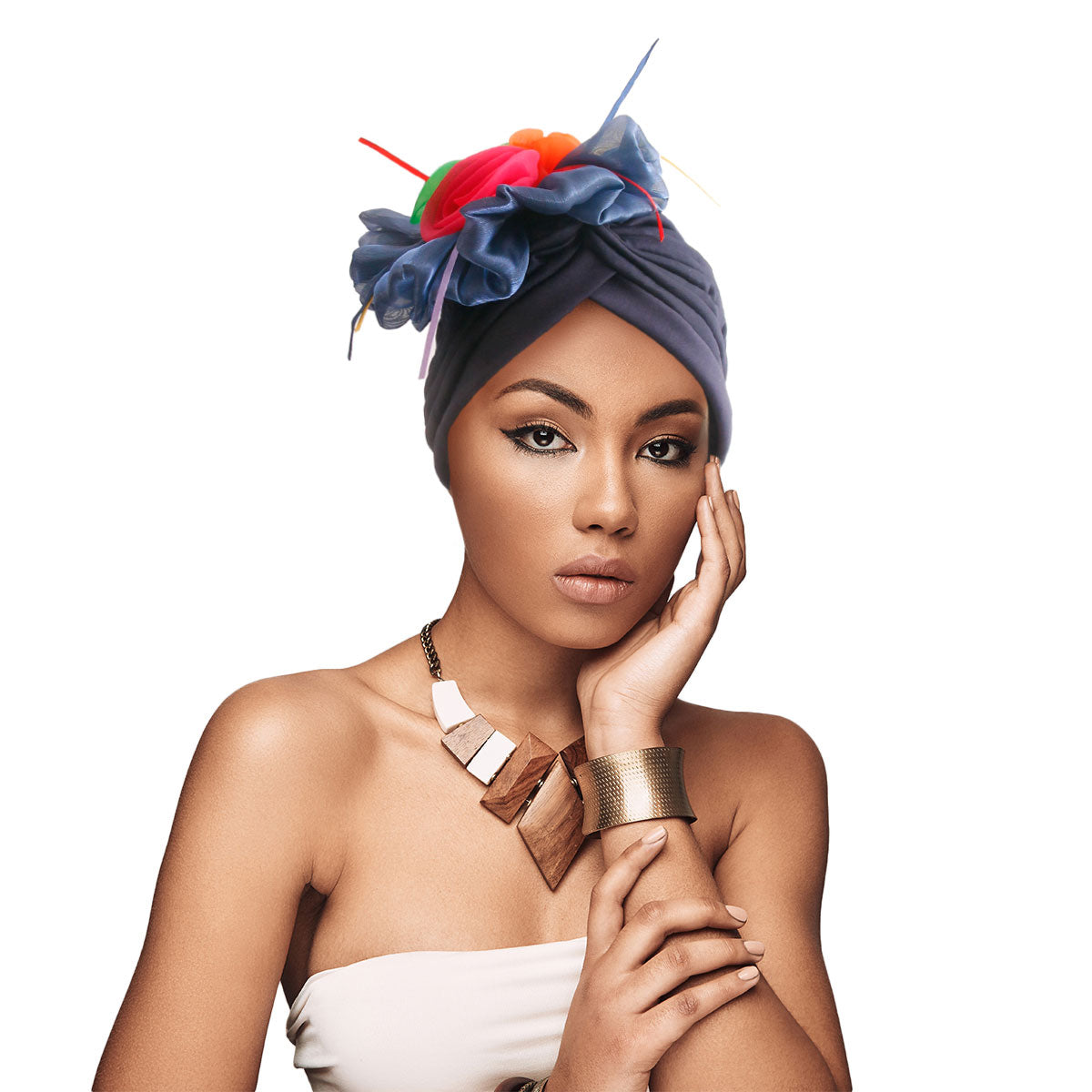 Navy Pleated Flower Turban