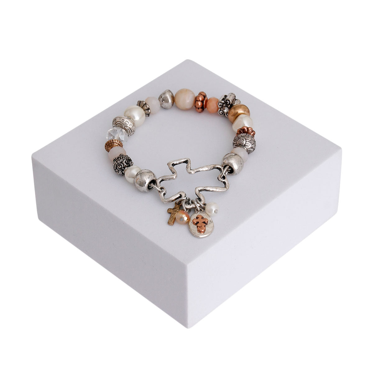 Burnished Silver Cross Charm Pearl Bracelet