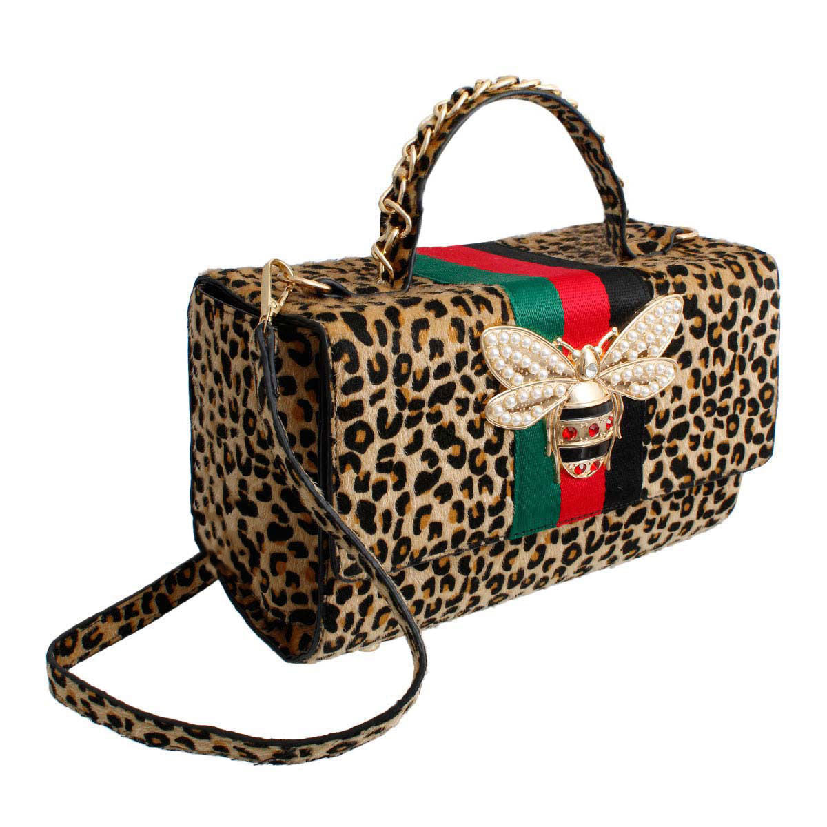 Brown Leopard Fur Boxy Satchel Set