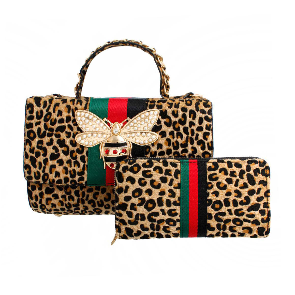 Brown Leopard Fur Boxy Satchel Set