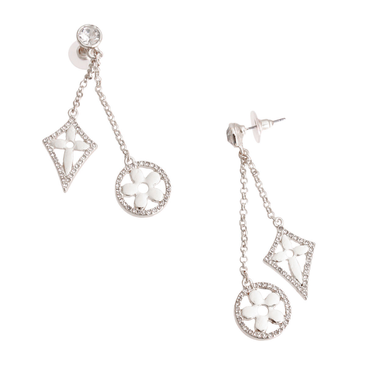 Silver Designer Drop Charm Earrings