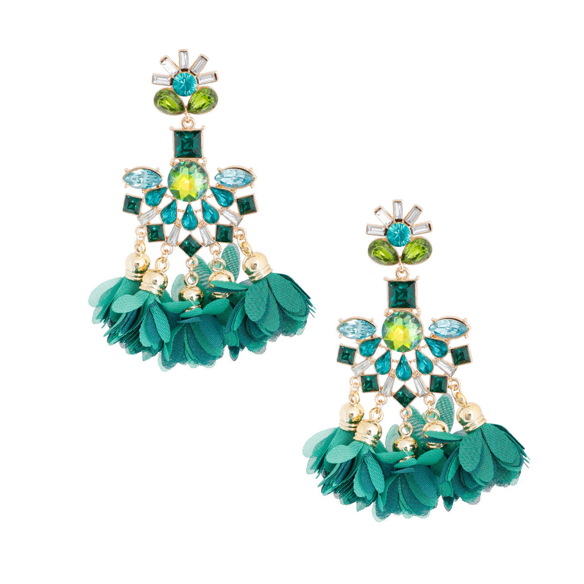 Green Crystal Flower Tassel Earrings