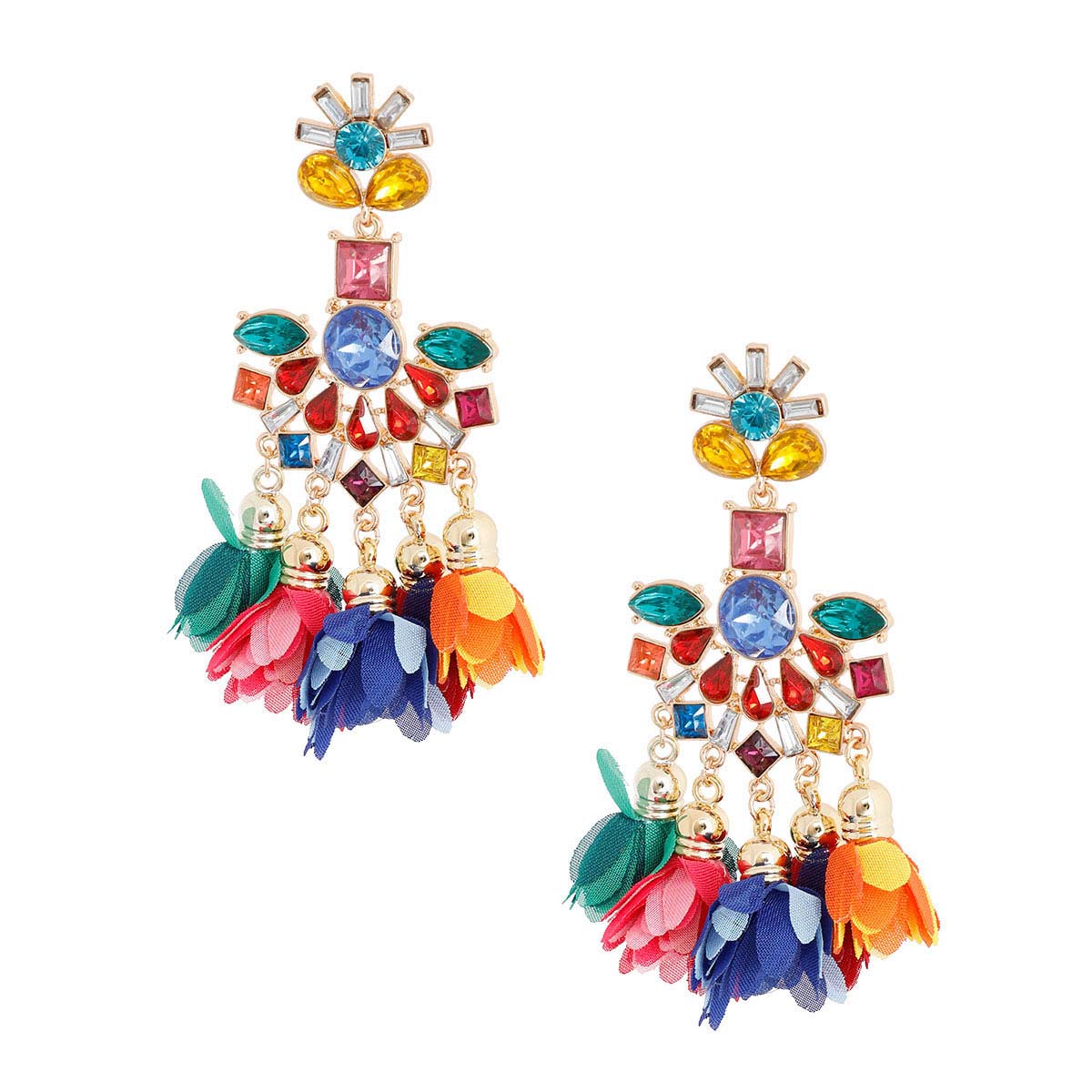 Multi Color Crystal Flower Tassel Earrings