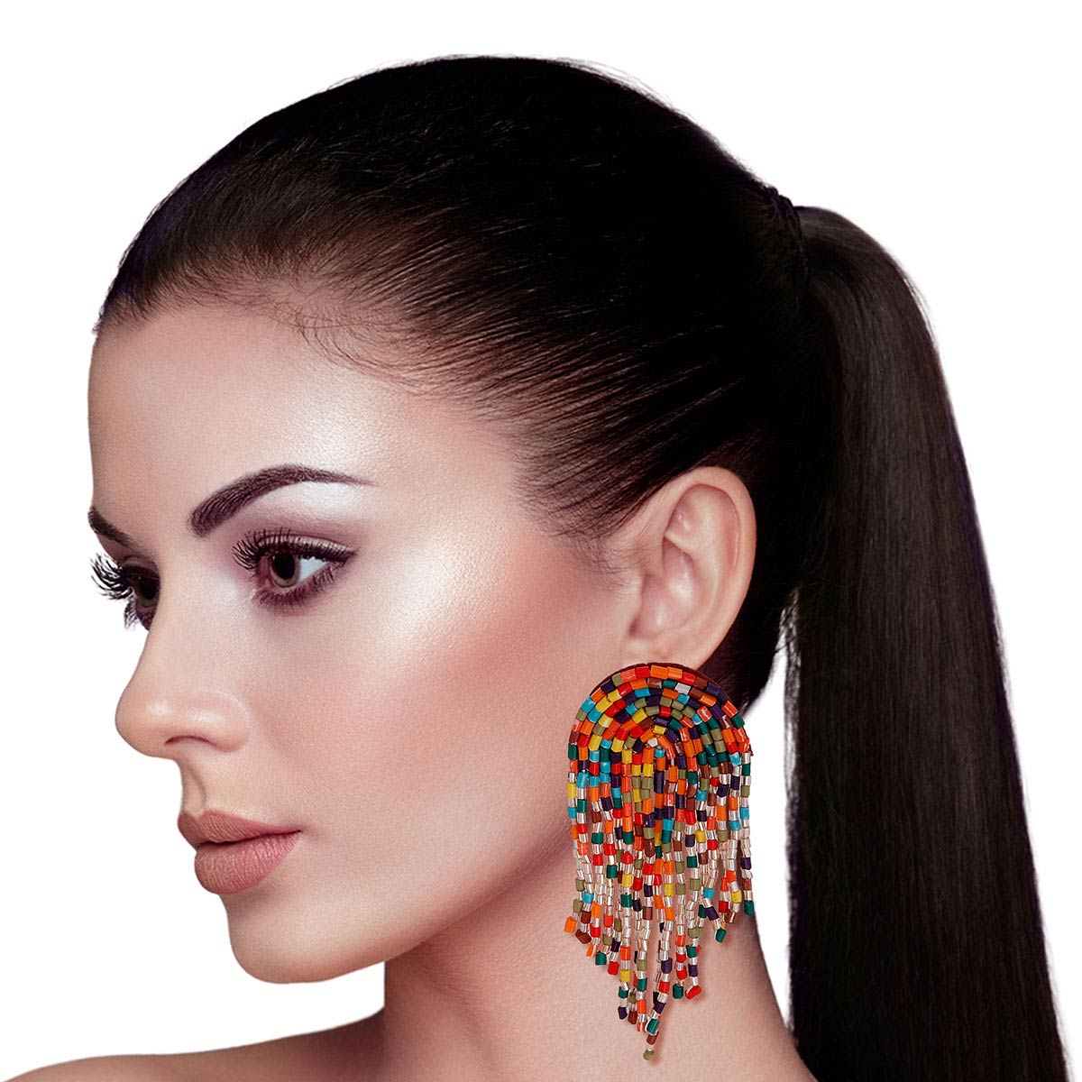 Multi Color Beaded Arc Earrings