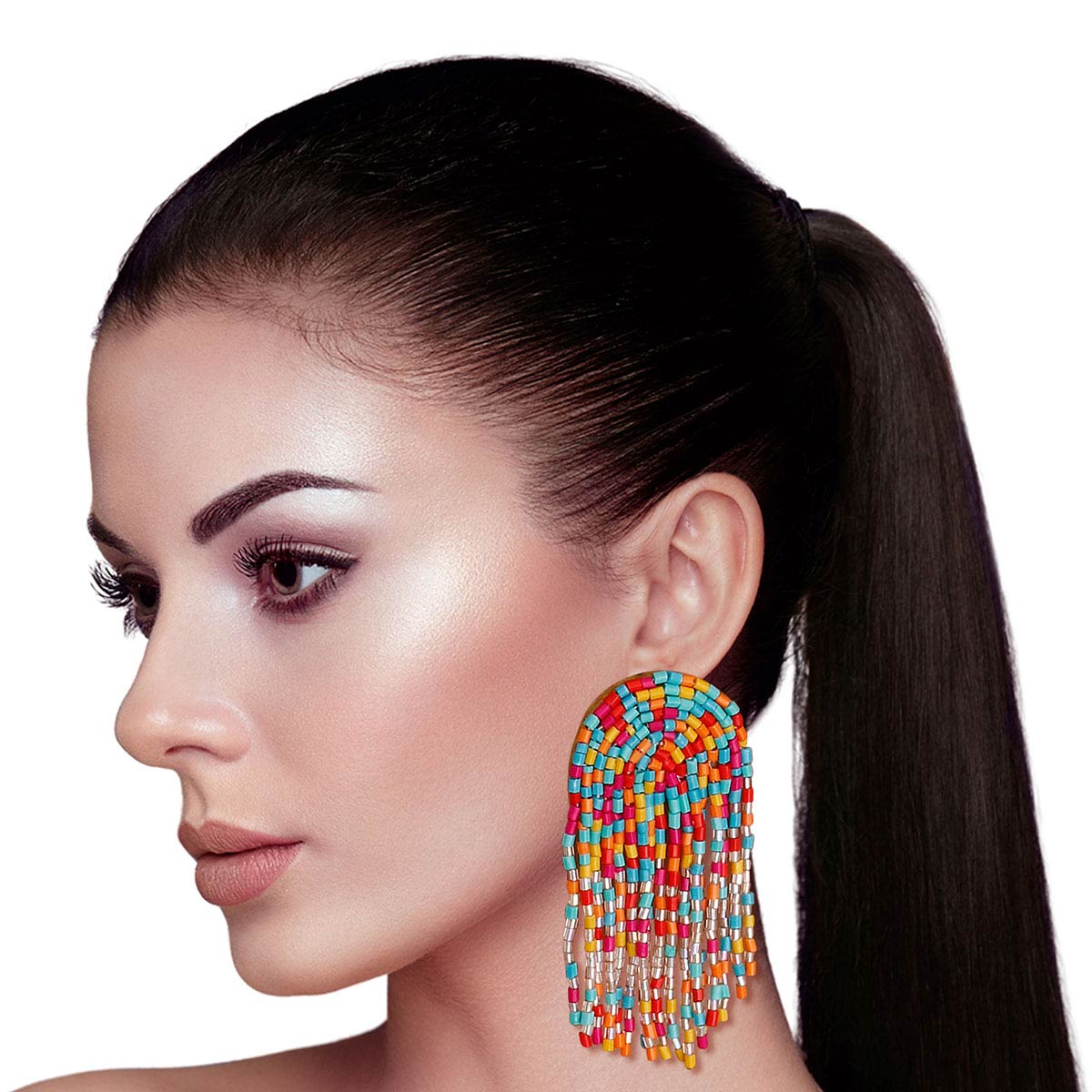 Rainbow Beaded Arc Earrings